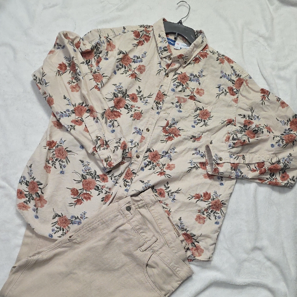 Old Navy Floral Corduroy Shirt - Cream and Pink